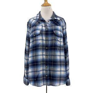 Jachs Girlfriend Shirt Womens M Medium Flannel Blue White Pearl Snap Button Up